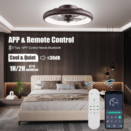 Ceiling Fans with Lights and Remote, Low Profile Ceiling Fan with Lights, 20'' Flush Mount Ceiling Fan, Dimmable LED Ceiling Fan, 6 Speeds, Rustic Smart Ceiling Fan for Bedroom/Living Room/Kitchen