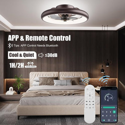 Ceiling Fans with Lights and Remote, Low Profile Ceiling Fan with Lights, 20'' Flush Mount Ceiling Fan, Dimmable LED Ceiling Fan, 6 Speeds, Rustic Smart Ceiling Fan for Bedroom/Living Room/Kitchen