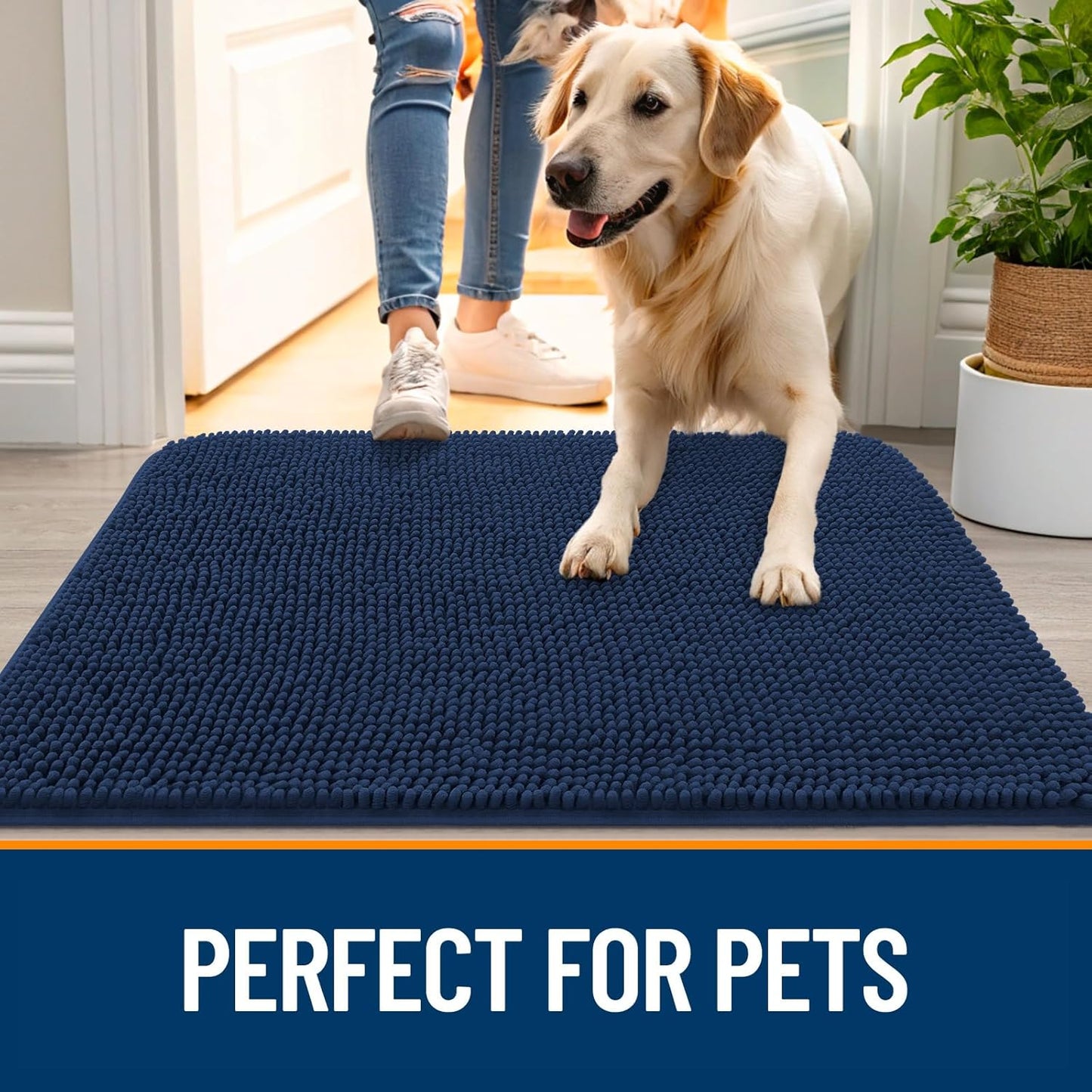 OLANLY Dog Door Mat - Absorbent Non-Slip Chenille Mat for Muddy Paws | 24x16 Dark Blue Quick Dry Doormat