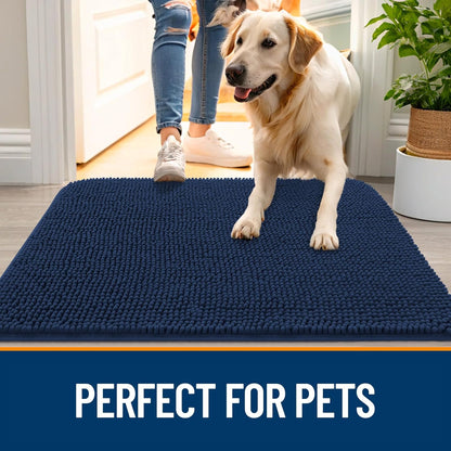 OLANLY Dog Door Mat - Absorbent Non-Slip Chenille Mat for Muddy Paws | 24x16 Dark Blue Quick Dry Doormat