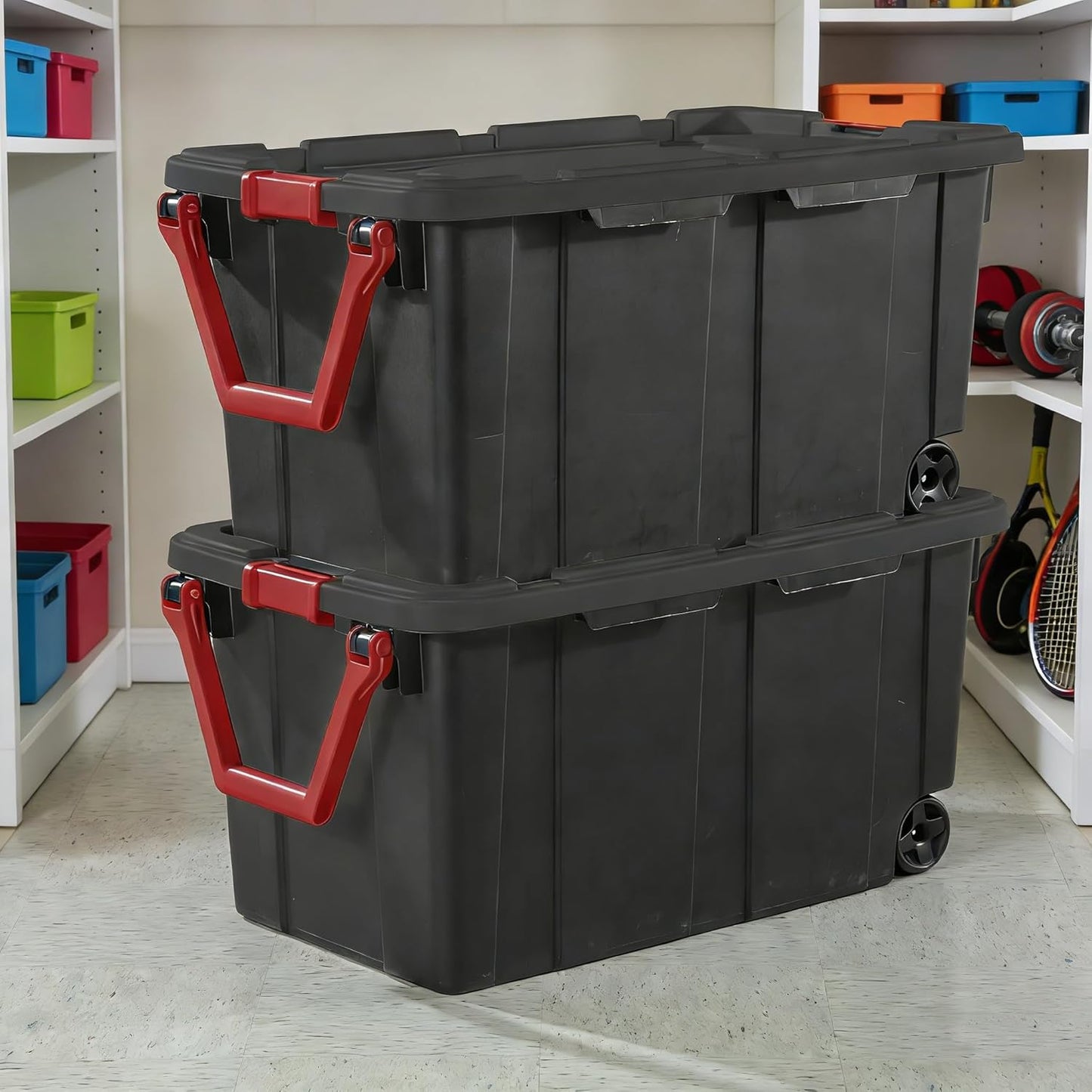 Regine Switzerland Extra Large 40-Gallon Plastic Storage Bin - Durable with Wheels & Handle, Black | Pack of 2