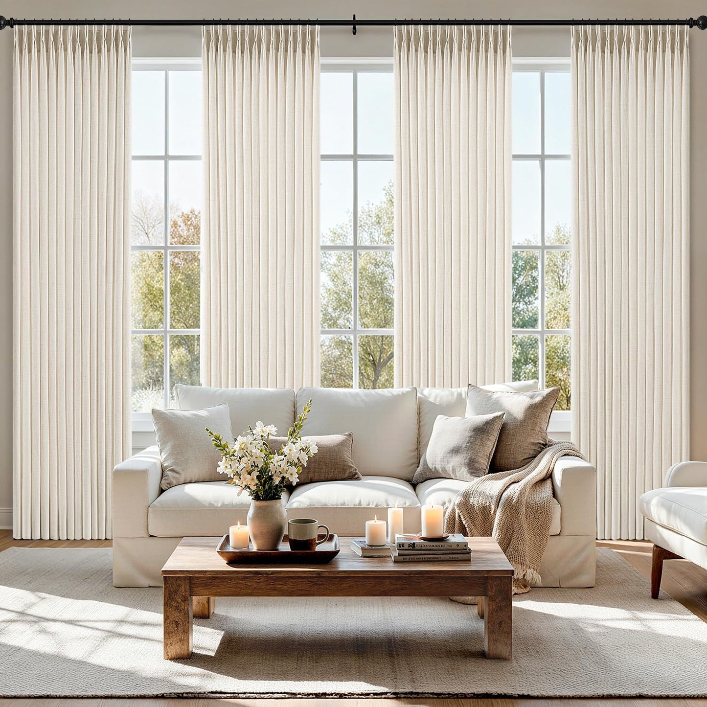 MIULEE Pinch Pleated Linen Curtains - 90-Inch Ivory Cream Semi-Sheer Drapes | 4 Panels for Privacy