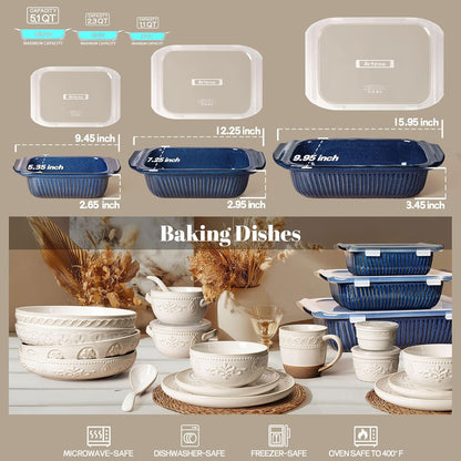 Artena Casserole Dishes - Ceramic Baking Dish Set With Handles | Large Lasagna Pan, 3 Sizes (Blue)