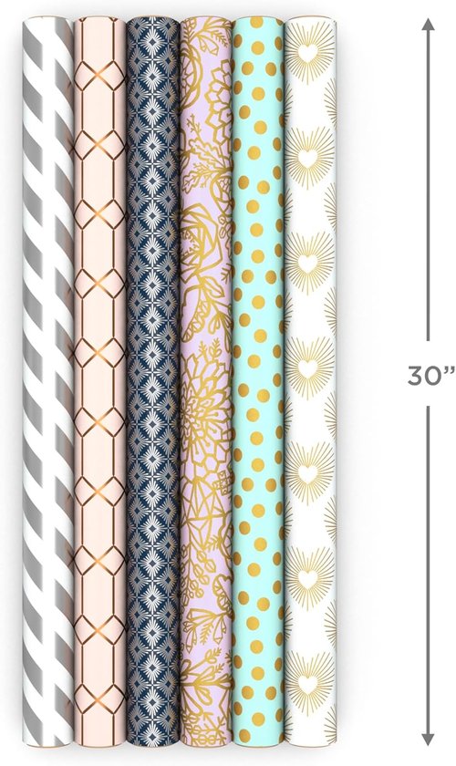 Hallmark Wrapping Paper - 6 Rolls of Elegant White & Silver Stripes, Mint Green, Gold Hearts & Flowers | 180 Sq. Ft. Total for Special Occasions