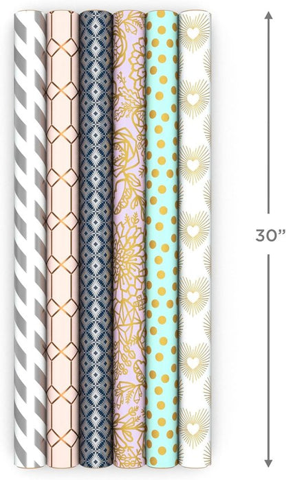 Hallmark Wrapping Paper - 6 Rolls of Elegant White & Silver Stripes, Mint Green, Gold Hearts & Flowers | 180 Sq. Ft. Total for Special Occasions