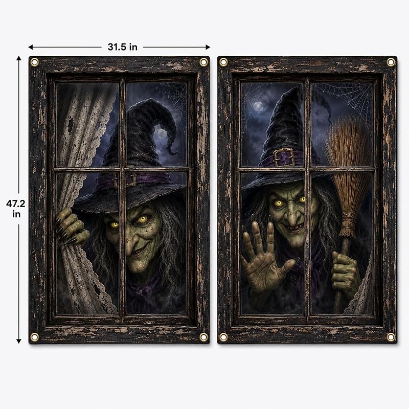 Halloween Window Covers 2 Pack - Creepy Witch Faces, 31.5 x 47.2 in - Variation D