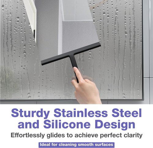 Kincmax Shower Squeegee - Stainless Steel Silicone Tool for Glass Doors & Windows | Medium Black