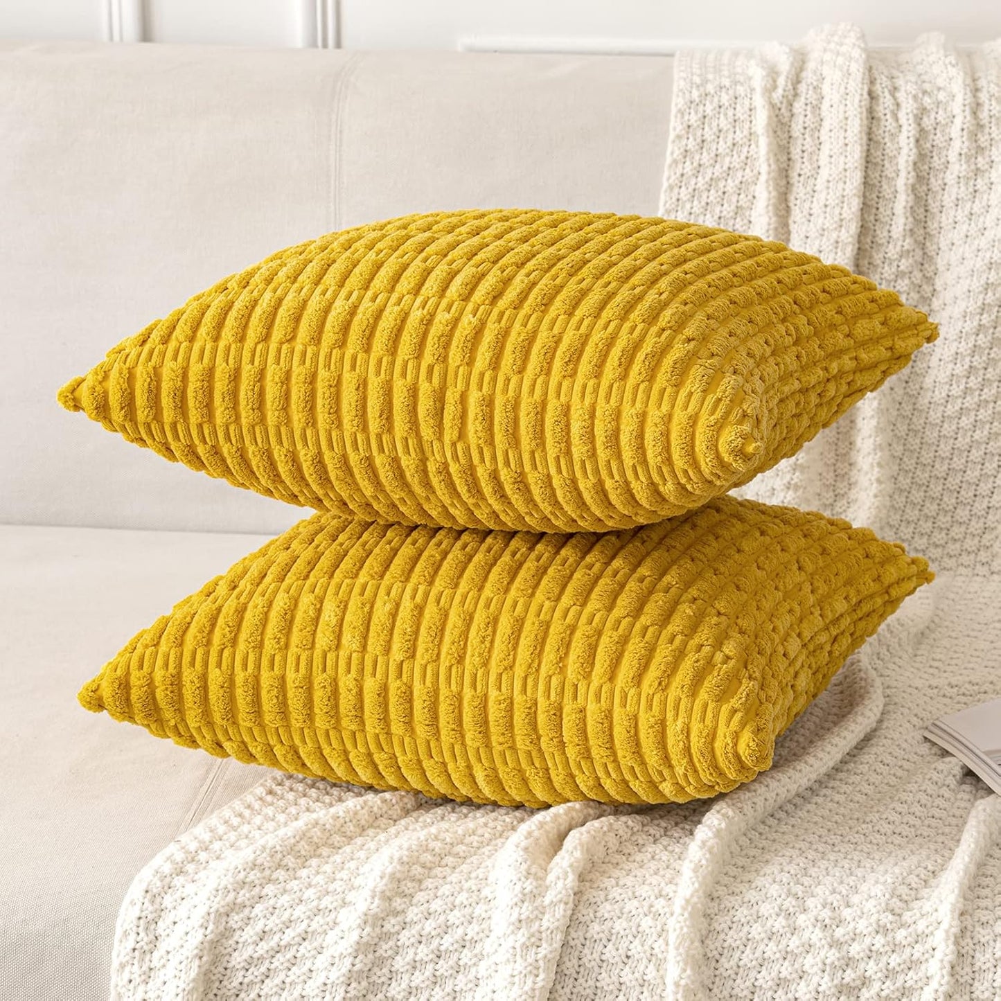 MIULEE Corduroy Throw Pillow Covers - Soft Boho Striped Design | 18x18 Inch Mustard Yellow Decor