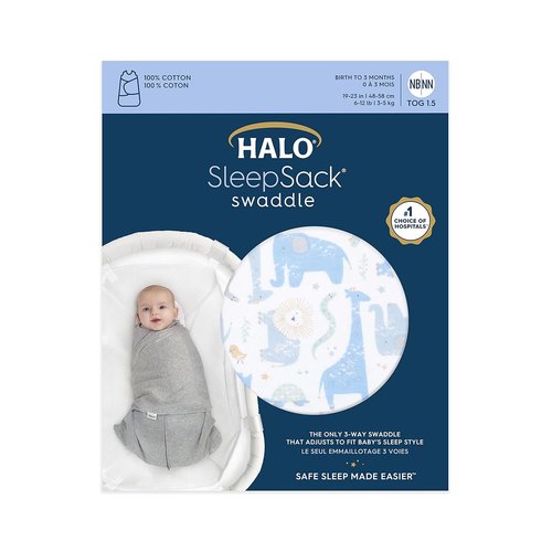HALO 100% Cotton Sleepsack Swaddle - 3-Way Adjustable Wearable Blanket, Blue Safari, Small (3-6 Months)