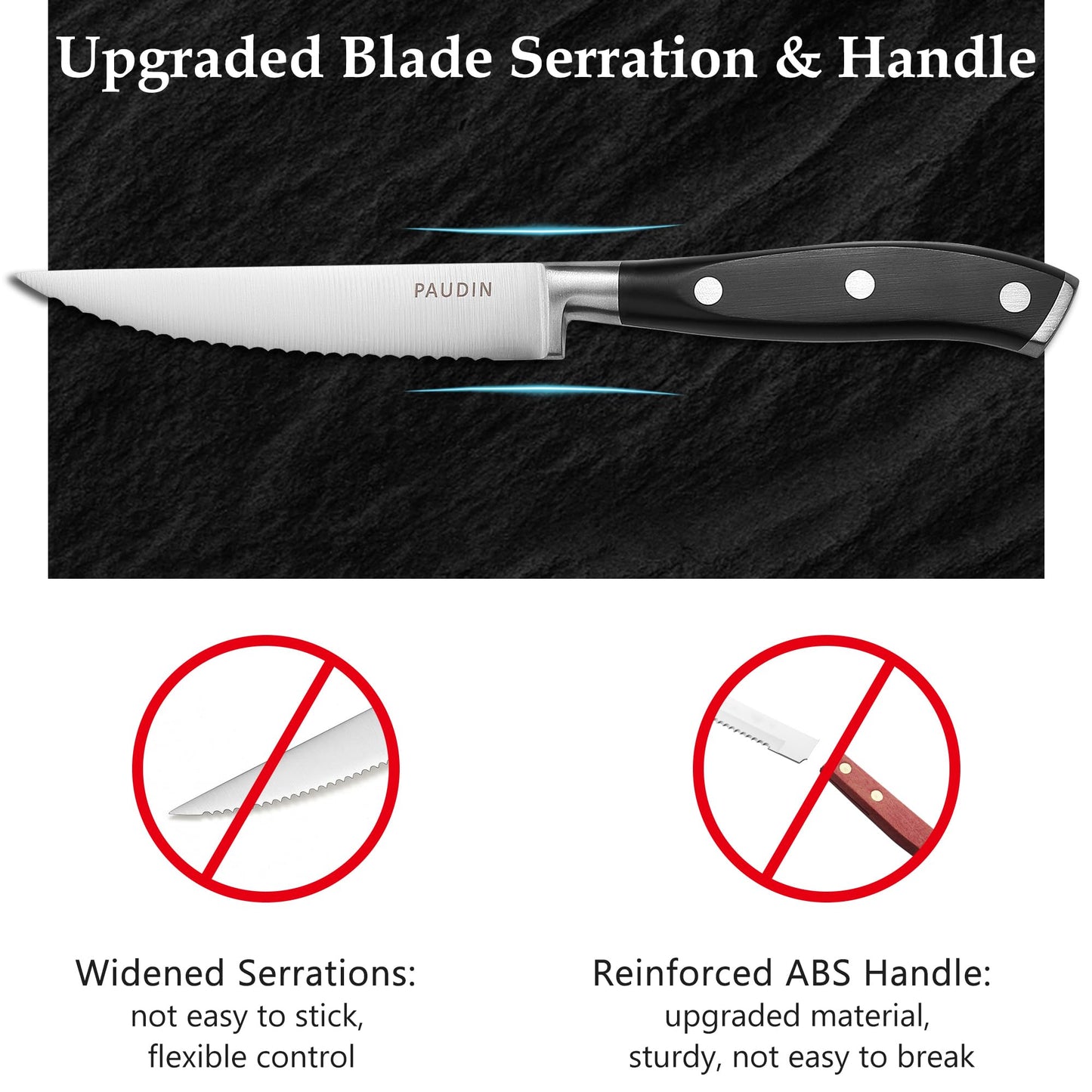 PAUDIN Steak Knives Set of 8, Steak Knives 4.5 Inch, High Carbon Stainless Steel Serrated Steak Knife Set with Full Tang Forged Blade & ABS Handle, Dinner Knives Black