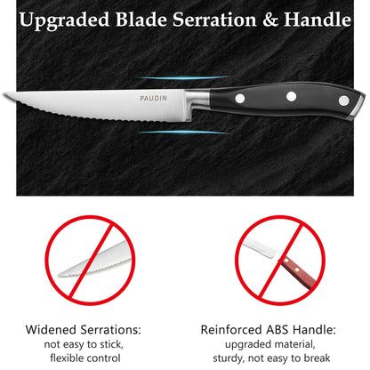 PAUDIN Steak Knives Set of 8, Steak Knives 4.5 Inch, High Carbon Stainless Steel Serrated Steak Knife Set with Full Tang Forged Blade & ABS Handle, Dinner Knives Black