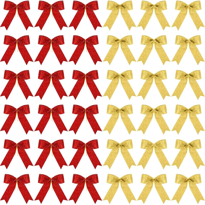Sumind 36 Pcs Red Gold Glitter Christmas Tree Bows 5 x 4 Inch – Variation Red, Gold+
