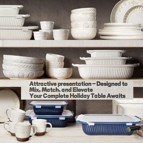 Artena Baking Dish - 5.1 Quart Casserole Dish With Handles | Deep Rectangular White Ceramic Bakeware, Blue