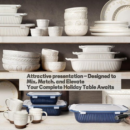 Artena Baking Dish - 5.1 Quart Casserole Dish With Handles | Deep Rectangular White Ceramic Bakeware, Blue