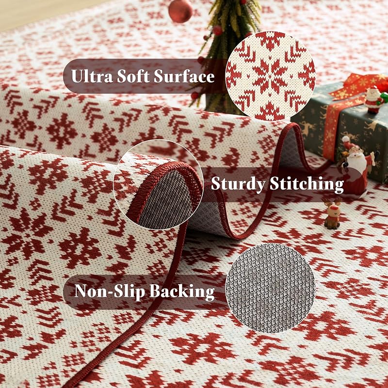 Jinchan Christmas Runner Rug 3x8 - Knit Snowflake Print, Ivory & Red (Variation: Knit Red on Ivory+3' x 8')