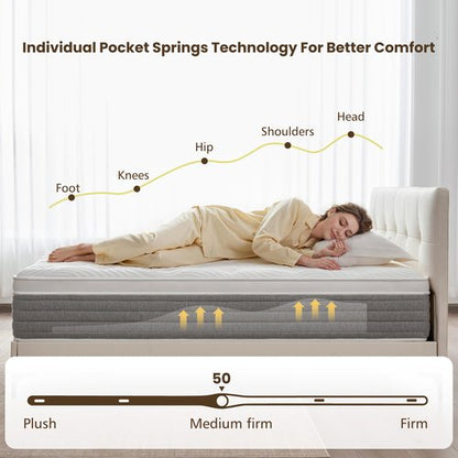 Fynterra Queen Mattress, 12 Inch Queen Mattress for Medium Firm, Individual Pocketed Springs for Pressure Relief & Low Motion Transfer, CertiPUR-US Certified