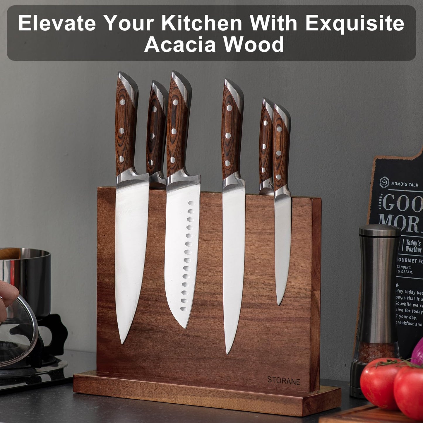 Magnetic Knife Block Acacia Wood -Double Sided Magnetic Knife Holder Rack for Kitchen Counter -Universal Knife Block Without Knives Wooden Multifunctional Storage Fully Assembled (12 x 10 inches)