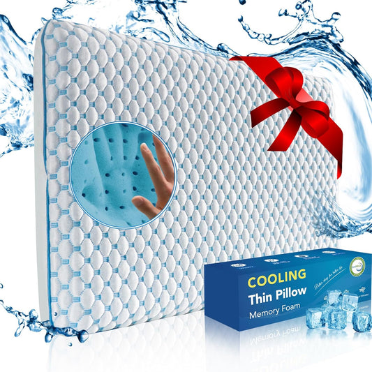 Skiennix Ultra Thin Cooling Gel Pillow - Perfect for Stomach & Back Sleepers | 2.75-Inch Memory Foam for Neck Pain Relief