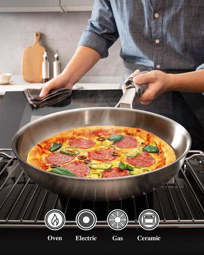 VocVoi 12 inch Tri-Ply Stainless Steel Pan,PFOA&PTFE Free Skillets,Chef's Pans,Dishwasher and Oven Safe Cookware, Works on Induction,Ceramic and Gas Cooktops