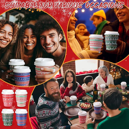 Multicolor 100 Pack 8 oz Christmas Disposable Coffee Cups with Lids & Sleeves (100 Pcs) – 4 Festive Designs