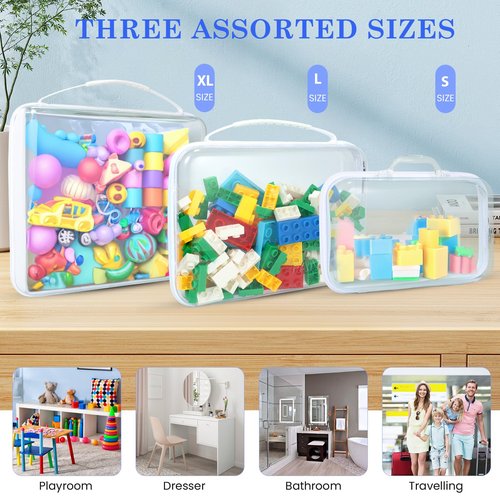 4Pack Zippered Hard Pouch, Clear Hard Shell Zipper Case, Clear Plastic Pouches Travel Bags for Kids, Storage for Building Blocks, Puzzles, Cosmetics, Crafting Supplies