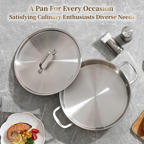 DELARLO Tri-Ply Stainless Steel 5 Quart Braiser Pan with Lid Induction Rondeau Pot With Lid 12inch Deep Frying Pan Large Saute Pan Heavy Duty Style Compatible With All Cooktops Up to 650℉
