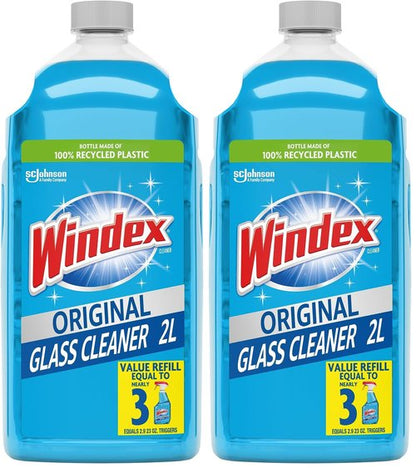 Windex Glass Cleaner Spray Refill, Original Blue Window Cleaner Works on Smudges and Fingerprints, Bottle Made of 100% Recovered Coastal Plastic, 2L (Pack of 2)