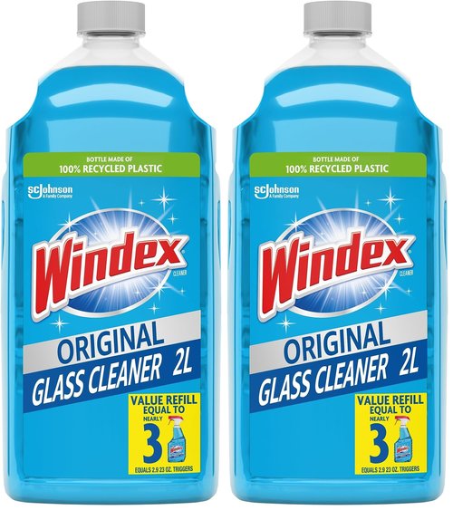 Windex Glass Cleaner Spray Refill, Original Blue Window Cleaner Works on Smudges and Fingerprints, Bottle Made of 100% Recovered Coastal Plastic, 2L (Pack of 2)