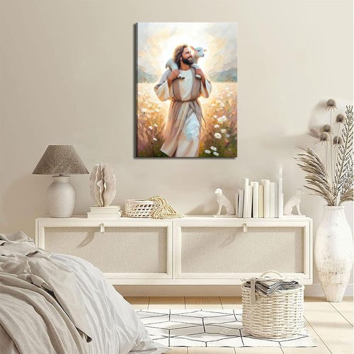 GKQNMU Jesus Carrying The Lamb Canvas Wall Art - Christ The Good Shepherd Decor | Ready To Hang