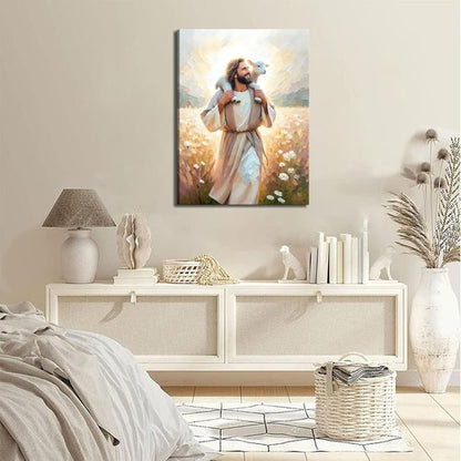 GKQNMU Jesus Carrying The Lamb Canvas Wall Art - Christ The Good Shepherd Decor | Ready To Hang