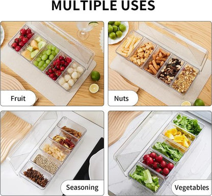Ice Chilled Condiment Caddy,Stackable Chilled Condiment Containers,Serving Platters with Lid and 5 Removable Compartments,Set of 5 Serving Spoons & 2 Clips (1pack)
