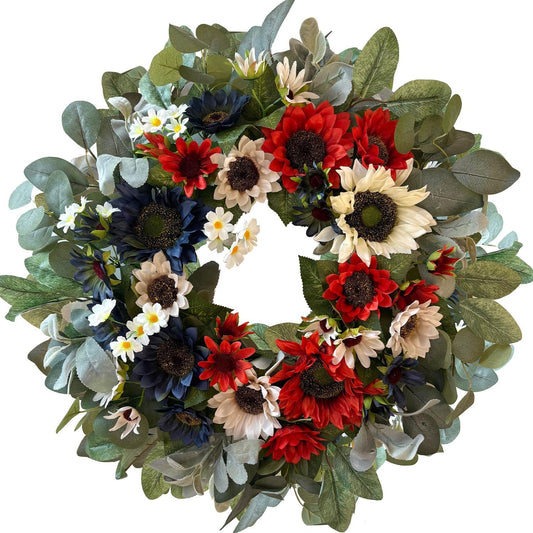 WANNA-CUL 24-Inch Patriotic Sunflower Wreath - Red, White & Blue 4th of July Door Decor