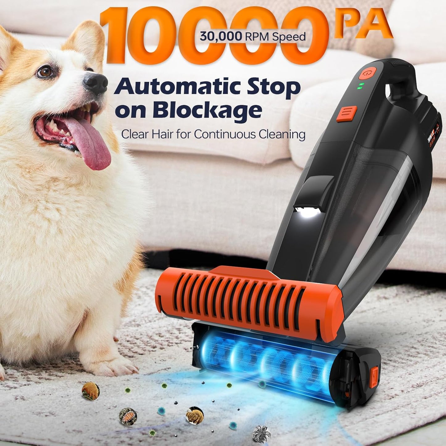 Skiennix Pet Hair Vacuum - Cordless Handheld with 10000Pa Suction & LED Light | Lightweight & Rechargeable
