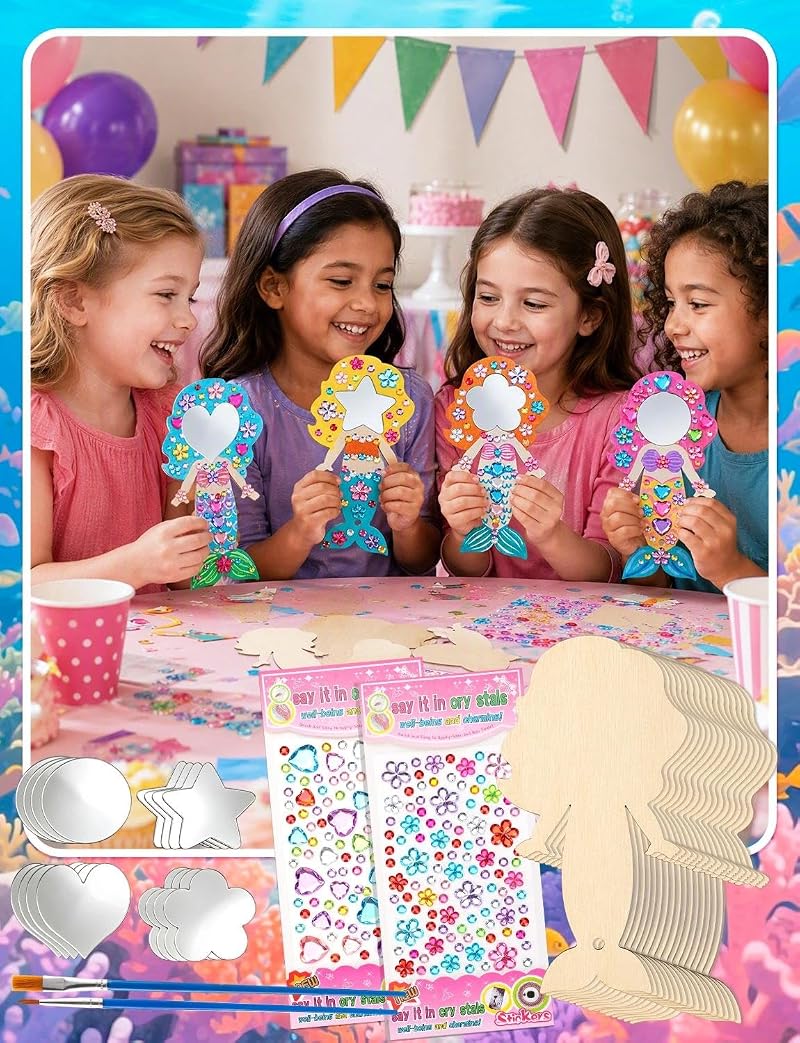 Mermaid Variation 16Pcs Wooden Princess Mirror Craft Party Favors for Kids DIY Decorate