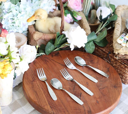 Kids Stainless Steel Flatware Set 6 Pieces - 3 Forks & 3 Spoons, Engraved Dog Bunny (Variation Stainless Steel+1)