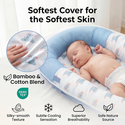 JollyBoo® Deluxe Infant Lounger Pillow - Portable Bamboo-Cotton Baby Nest with Sunshade & Plush Toys | Soft, Breathable Design for 0-24 Months (Blue Elephant)