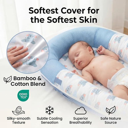 JollyBoo® Deluxe Infant Lounger Pillow - Portable Bamboo-Cotton Baby Nest with Sunshade & Plush Toys | Soft, Breathable Design for 0-24 Months (Blue Elephant)