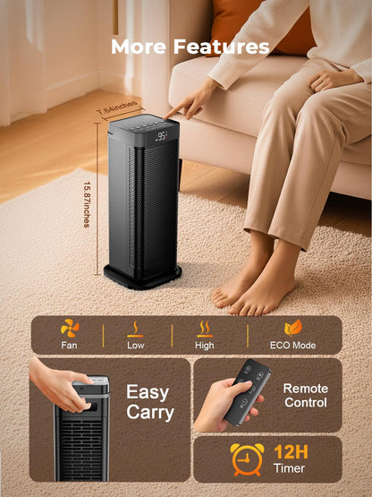 Space Heaters for Indoor Use, 1500W Portable Heater with Remote and Thermostat, 90° Oscillation, 4 Modes, 12H Timer, Overheating & Tip-Over Protection, Quiet Electric Heaters for Home, Office, Bedroom