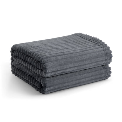 Vessia Flannel Fleece Dark Grey Throw Blanket(50X70 Inch), 300GSM Comfy Grey Blanket, Warm and Soft Stripe Bed Blanket, Cozy Microfiber Ribbed Sofa Blanket for All Season