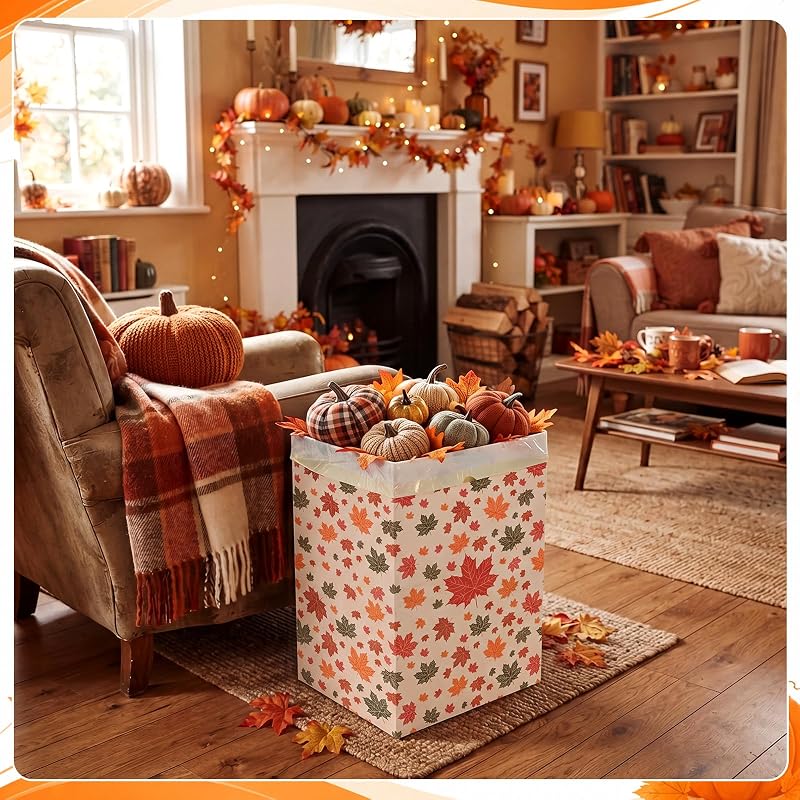 Fall 13 Gallon Disposable Trash Cans with 8 Bags – 4 Pack, Maple Leaf Design (Variation: Fall)