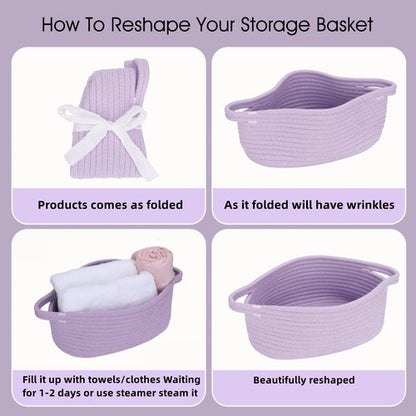 Cute Oval Cotton Rope Wicker Storage Basket with Handle - Empty Baby Nursery Box Bin Organizer for Kids, Cats, Dogs & Easter - Light Purple Lavender