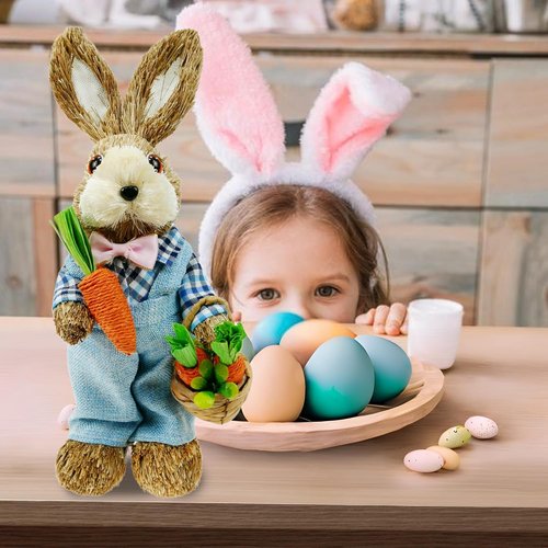 DearSun 14" Easter Straw Bunny Figurine - Blue Sisal Rabbit Holding Carrots | Spring Table Decor for Home & Garden