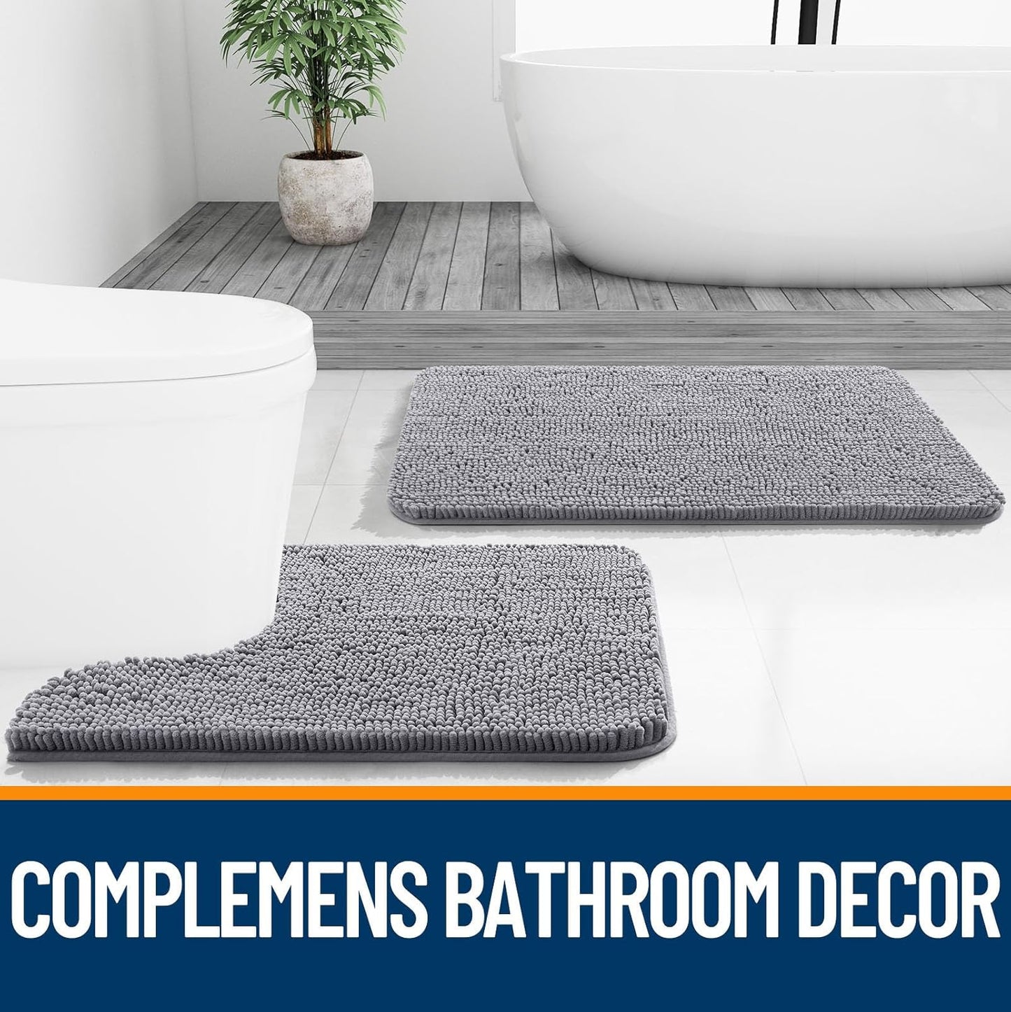 OLANLY Bathroom Rugs Set - Soft Absorbent Chenille Bath Mats & U-Shaped Toilet Mat | Machine Washable, Grey (30"x20" + 24"x20")