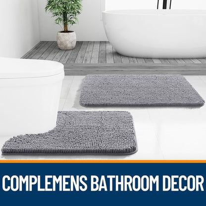 OLANLY Bathroom Rugs Sets 3 Piece, Soft Absorbent Chenille Bath Mats and U-Shaped Contour Toilet Rug, Quick Dry, Home Decor Accessories, Bath Mat Set for Bathroom (30"x20"+24"x16"+24"x20", Grey)