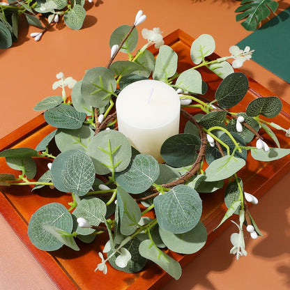 Zerodeko Easter Candle Ring Set - Eucalyptus Leaves Wreath Pillar Holders | Mini Green Decor 8cm