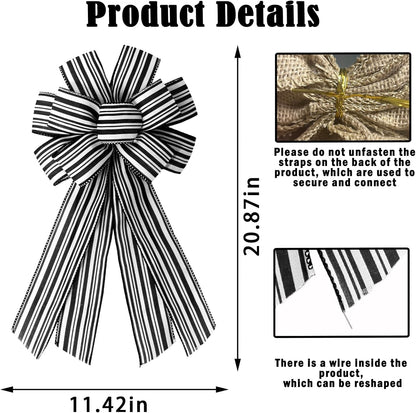 Skiennix Christmas Wreath Bows - White & Black Striped Burlap Ribbon Bowknot for Holiday Decor