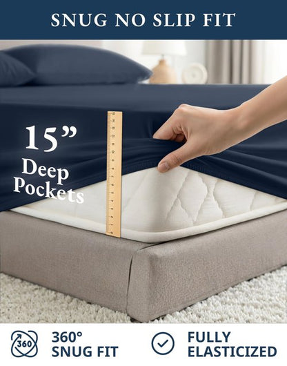 LANE LINEN 100% Organic Cotton Sheets Twin Size, Mercerized Cotton Fully Elasticized Soft & Comfy Bedding Sheets & Pillowcase Set, Good for Dorm Room, Deep Pocket Fully Elasticized Sheet- Navy