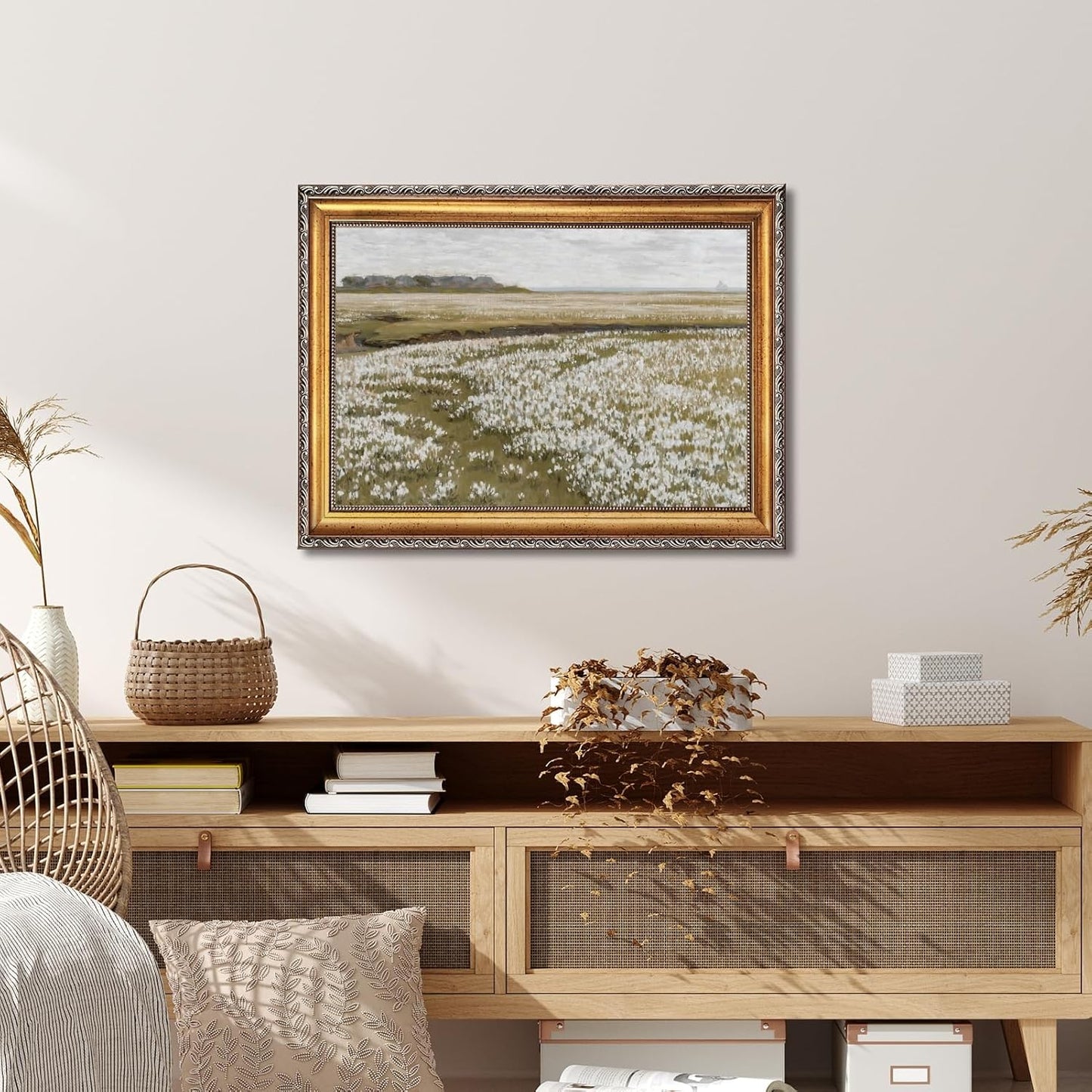 Skiennix Vintage Spring Meadow Canvas Print - Wildflower Wall Art for Living Room & Office | 24x36 Inch with Golden Frame
