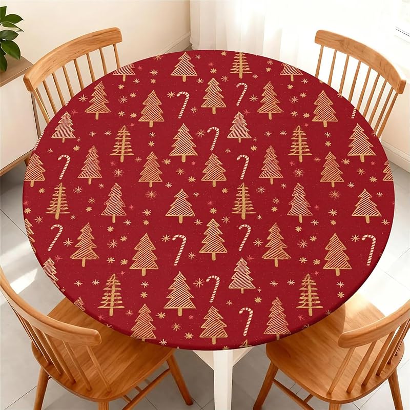 Round Fitted Christmas Tablecloth 37-44in - Elastic Edge, 65in Table Coverage - ARTSGOO Tree + 44" Variation