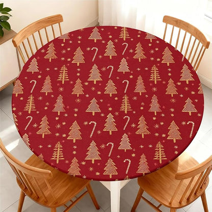 Round Fitted Christmas Tablecloth 37-44in - Elastic Edge, 65in Table Coverage - ARTSGOO Tree + 44" Variation